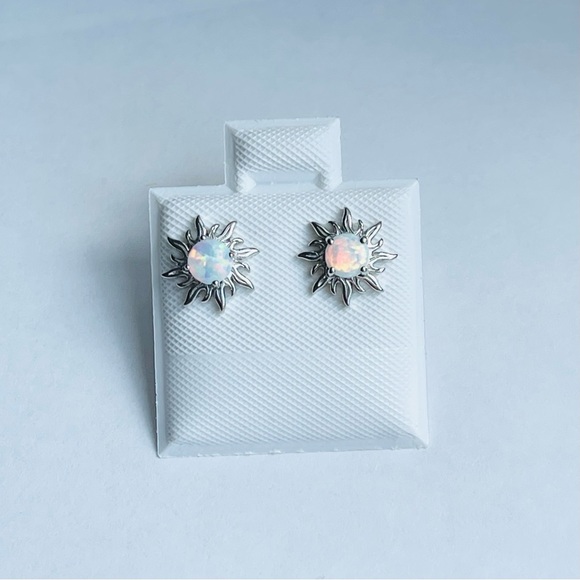 Sterling Silver White Lab Opal Blazing Sun Earrings, Silver Stud Earring, - Picture 7 of 10